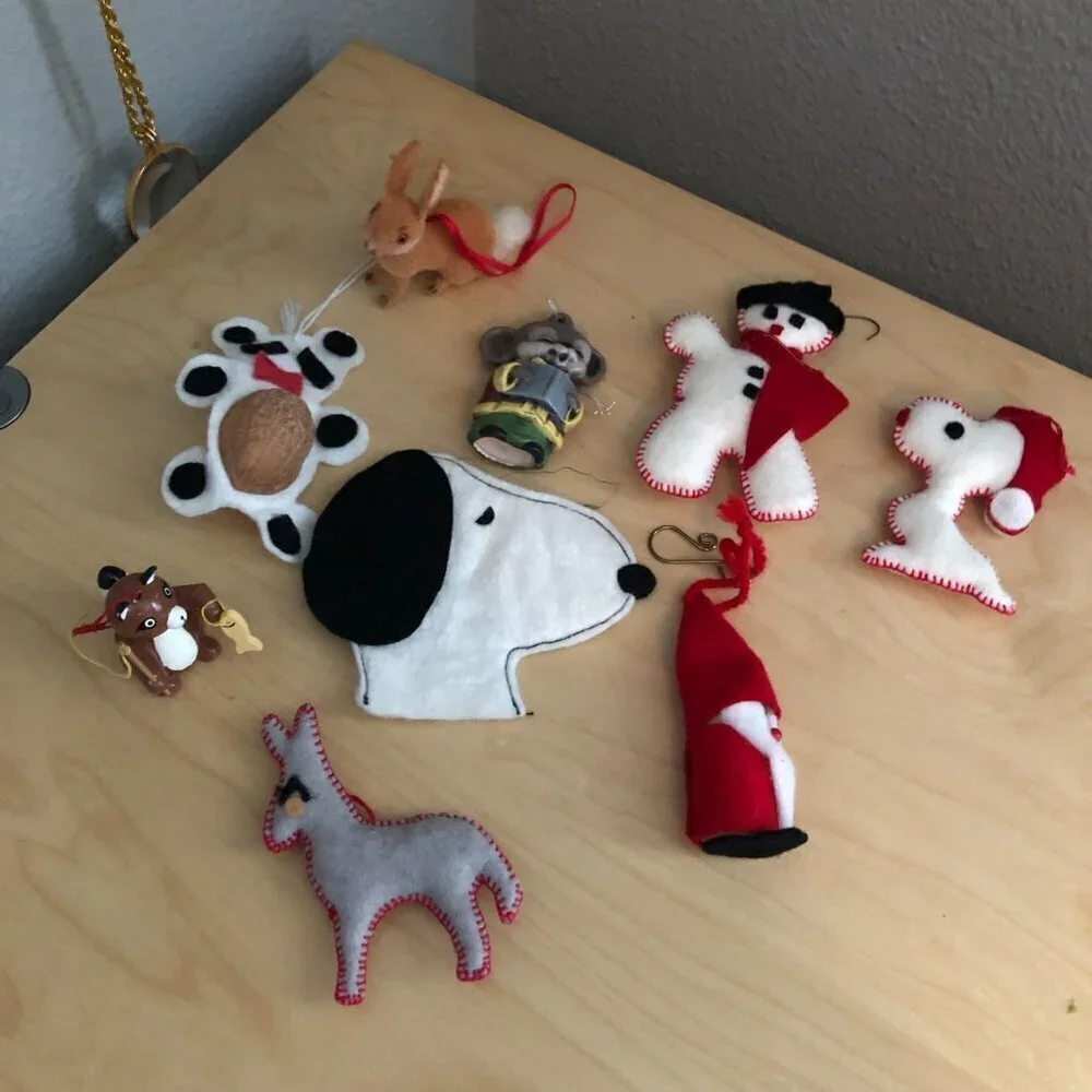 Vintage Christmas Ornament LOT of 9 SNOOPY Felt Flocked Wood Ceramic Unique